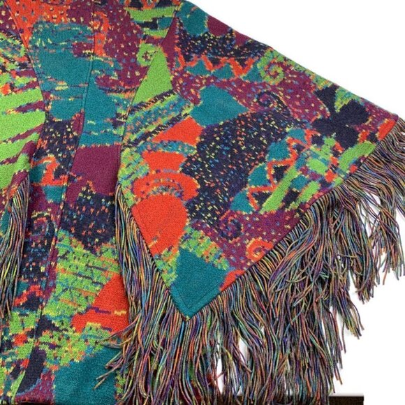 Missoni Vintage 80s 100% Wool Fringe Artsy Colorful Knit Jacket Poncho Women's M - Picture 10 of 16